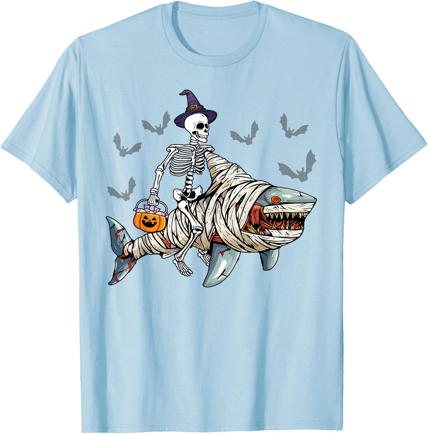 Skeleton Riding Mummy Shark Funny Halloween Pumpkin Witch T-Shirt - T-Shirt | Light Blue