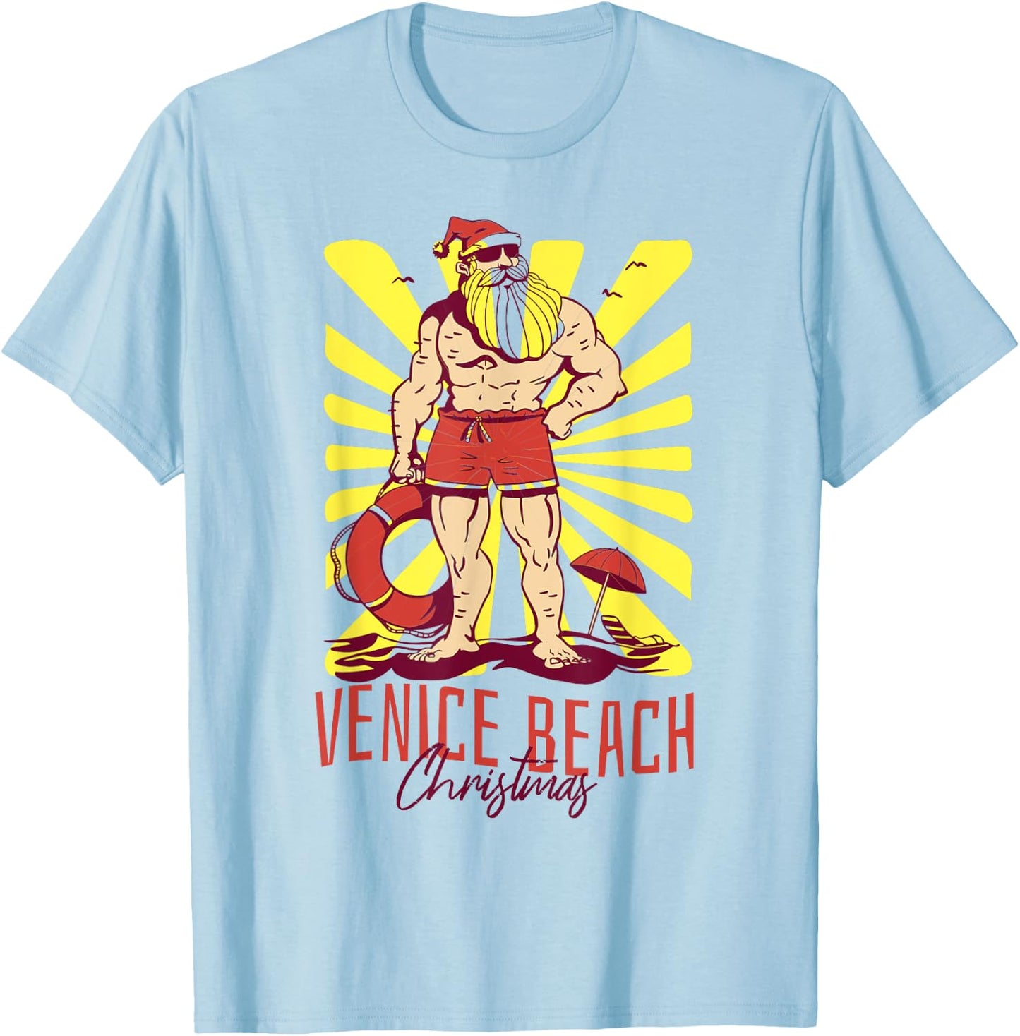 Venice Beach Christmas Buff Santa Lifeguard T-Shirt - T-Shirt | Light Blue