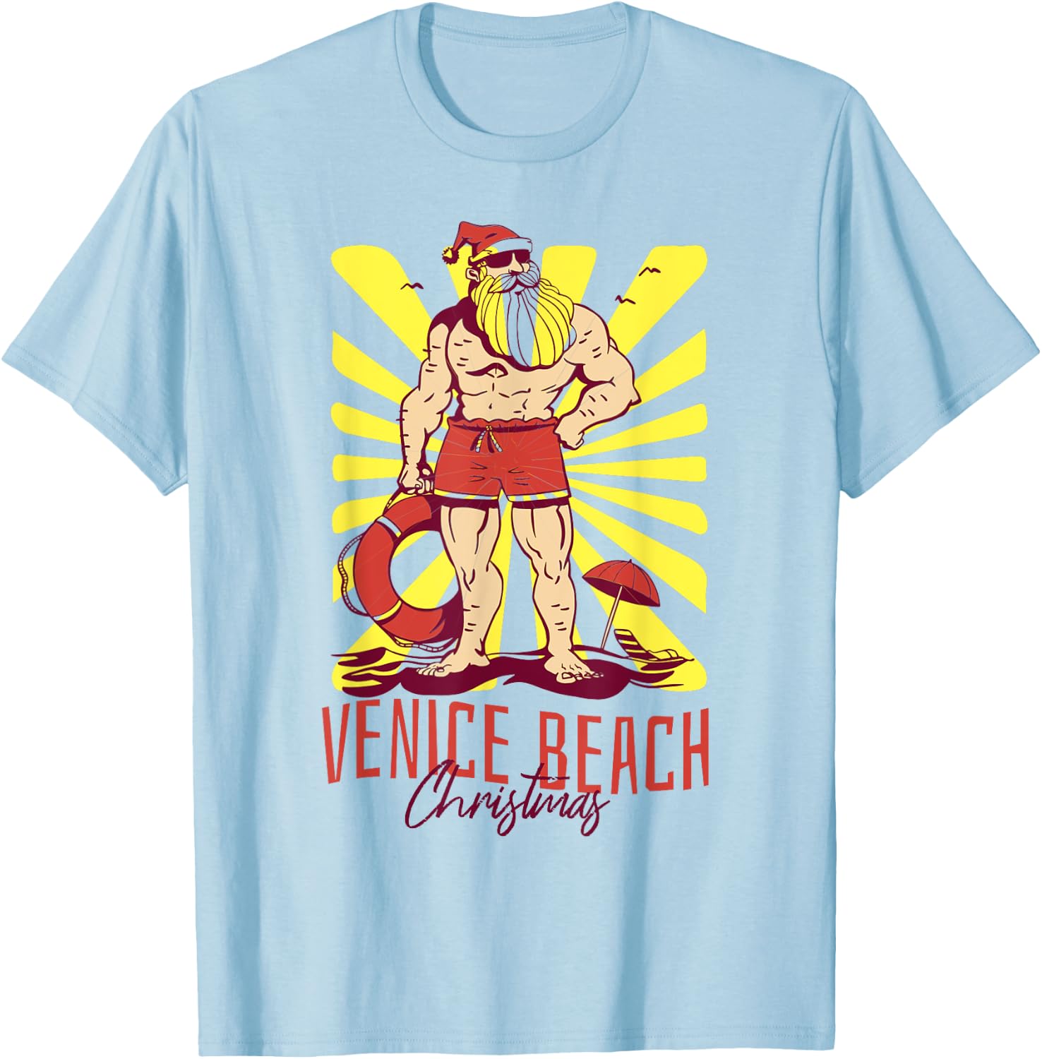 Venice Beach Christmas Buff Santa Lifeguard T-Shirt - T-Shirt | Light Blue