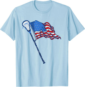 Retro USA American Flag Lacrosse Stick 80's Style T-Shirt - T-Shirt | Light Blue