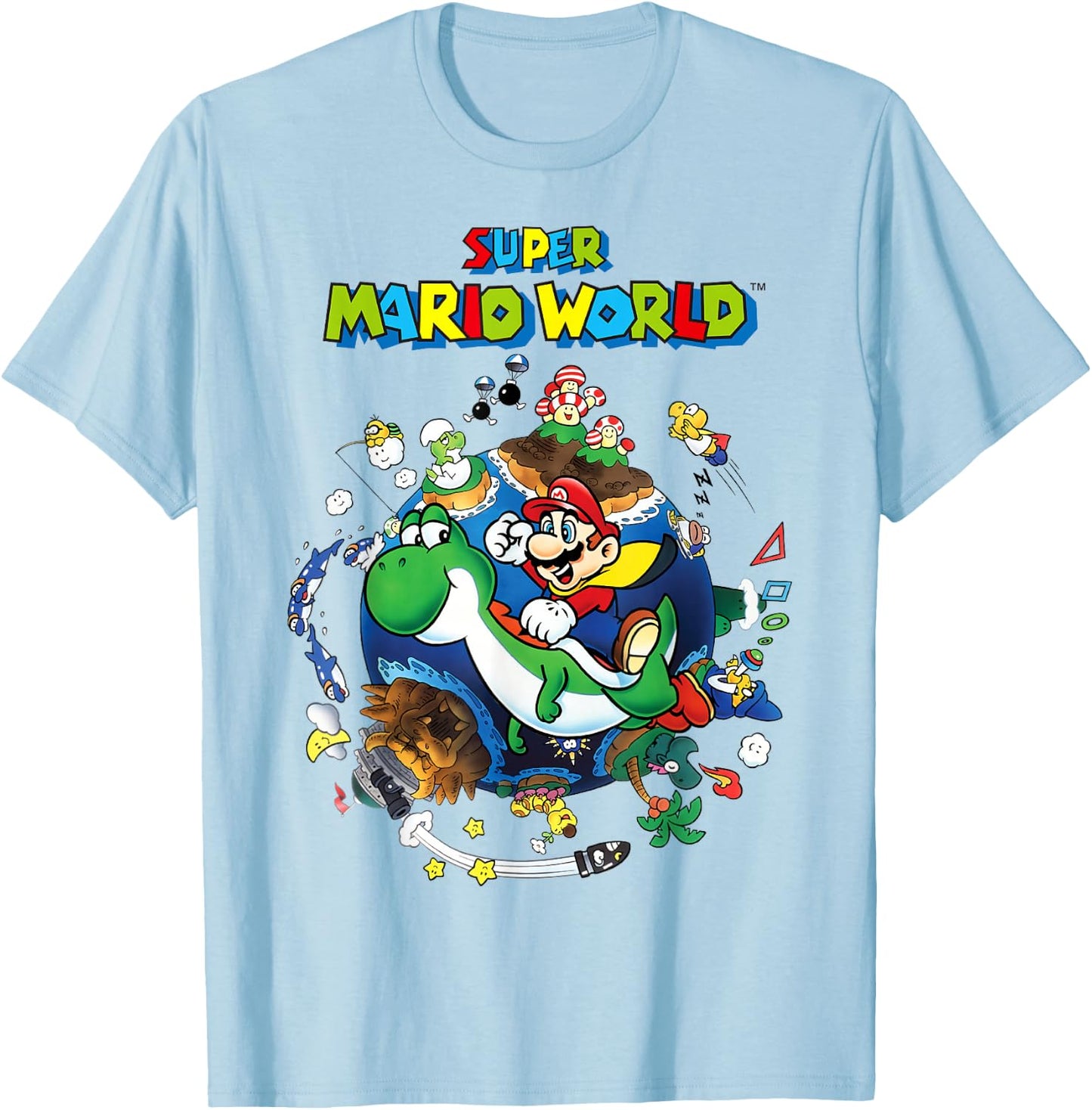 Super Mario World Yoshi & Mario Around The World T-Shirt - T-Shirt | Light Blue