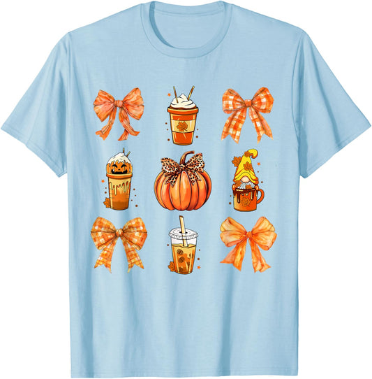 Fall Coffee Pumpkin Spice Latte Iced Bow Autumn Coffee T-Shirt - T-Shirt | Light Blue