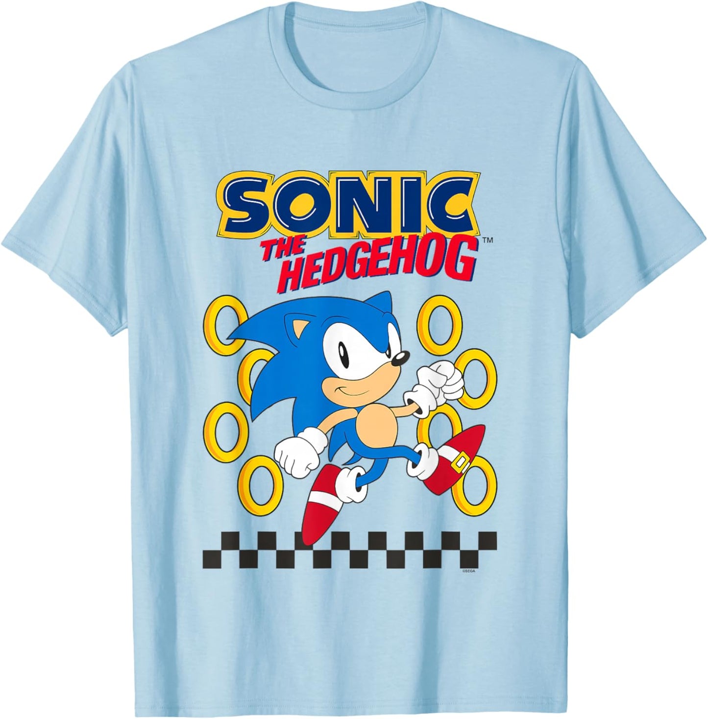 Sonic The Hedgehog Running By Golden Rings Retro Shot T-Shirt - T-Shirt | Light Blue