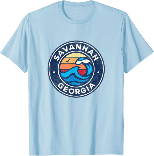 Savannah Georgia GA Vintage Nautical Waves Design T-Shirt - T-Shirt | Light Blue