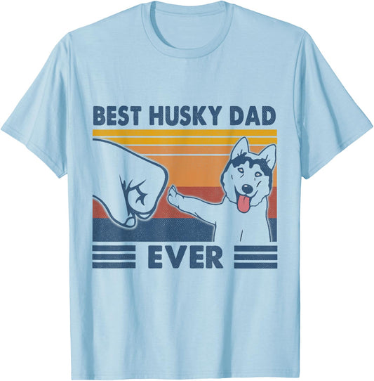 Vintage Best Husky Dad Ever Fist Bump Funny Husky Lover Gift T-Shirt - T-Shirt | Light Blue