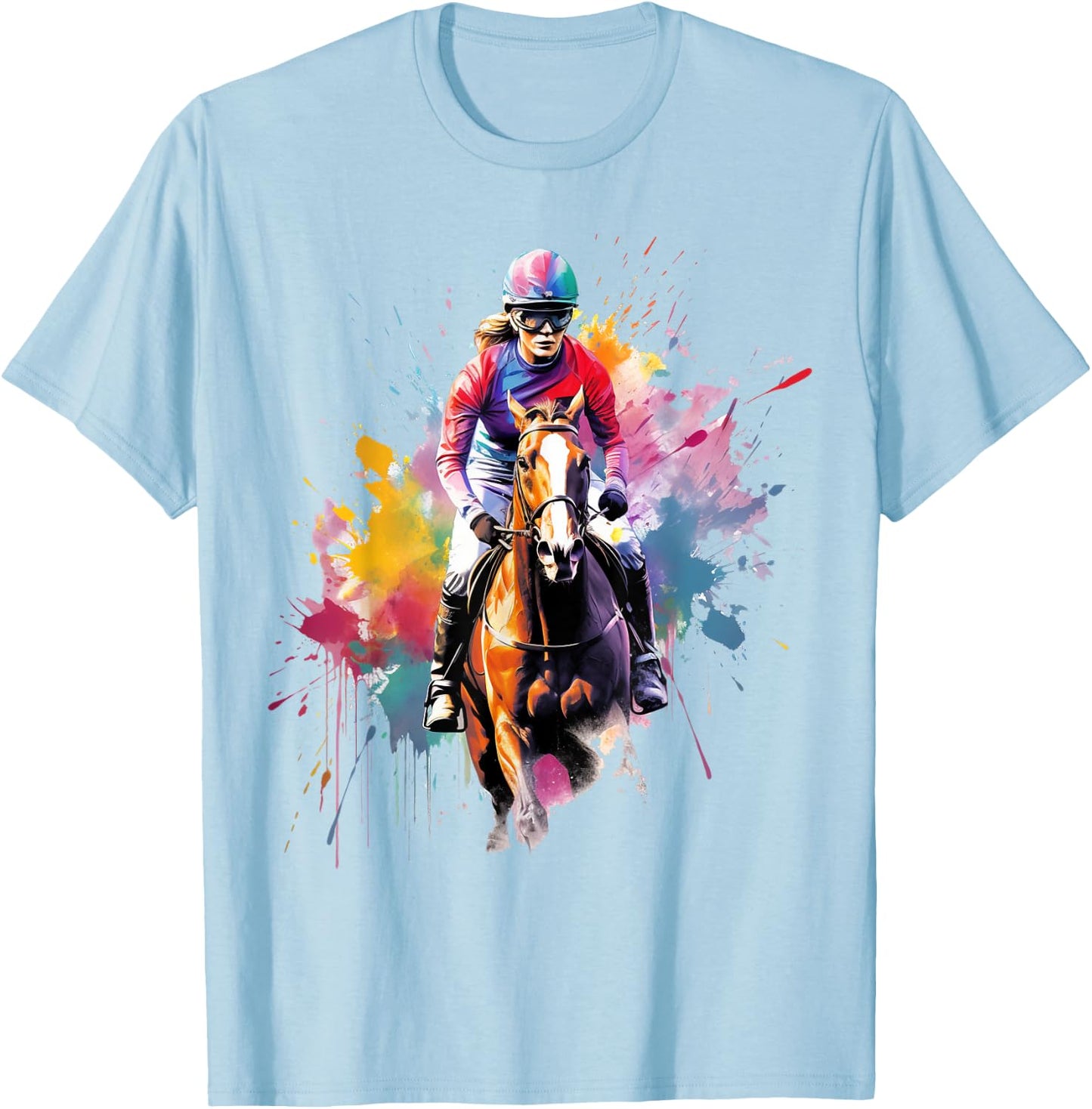 Colorful Jockey Girl on Horse Racing T-Shirt - T-Shirt | Light Blue