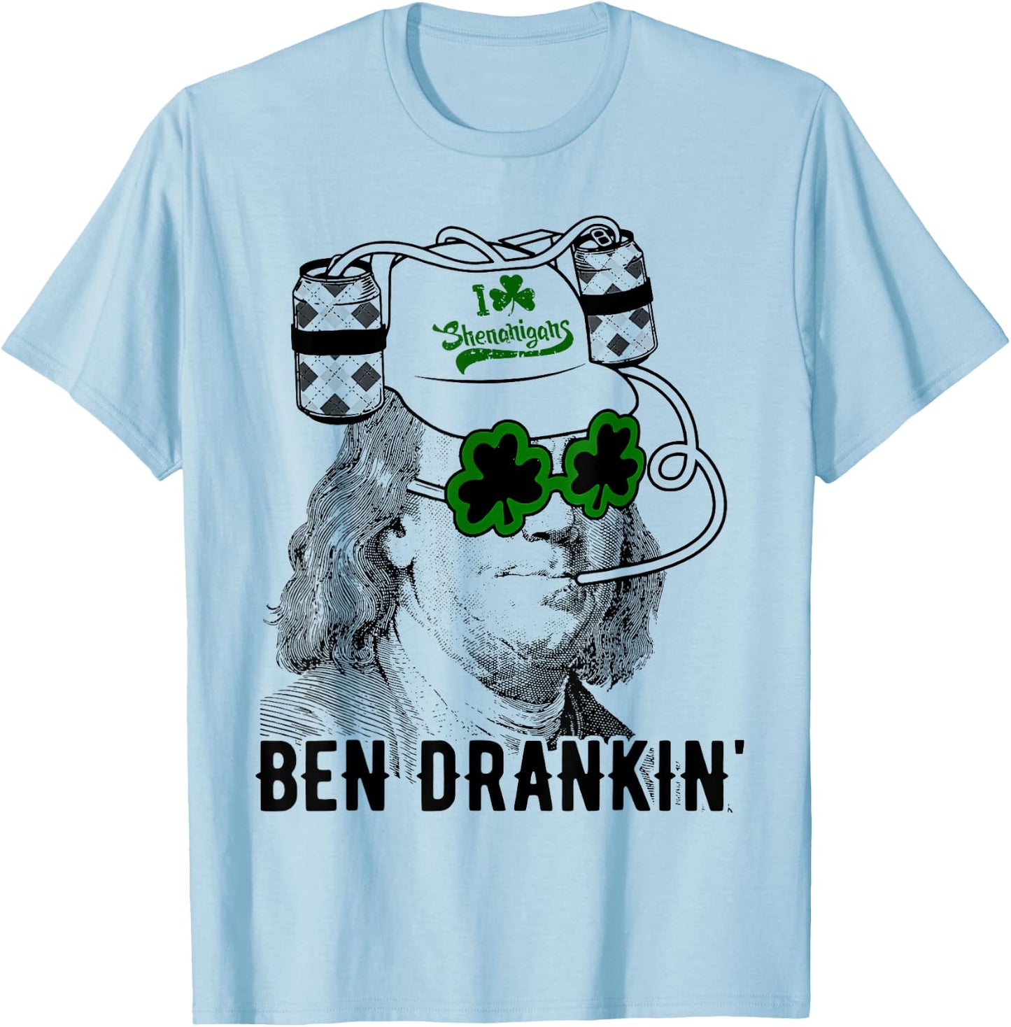 St Patrick Day Ben Drankin' I Love Shenanigans Design T-Shirt - T-Shirt | Light Blue