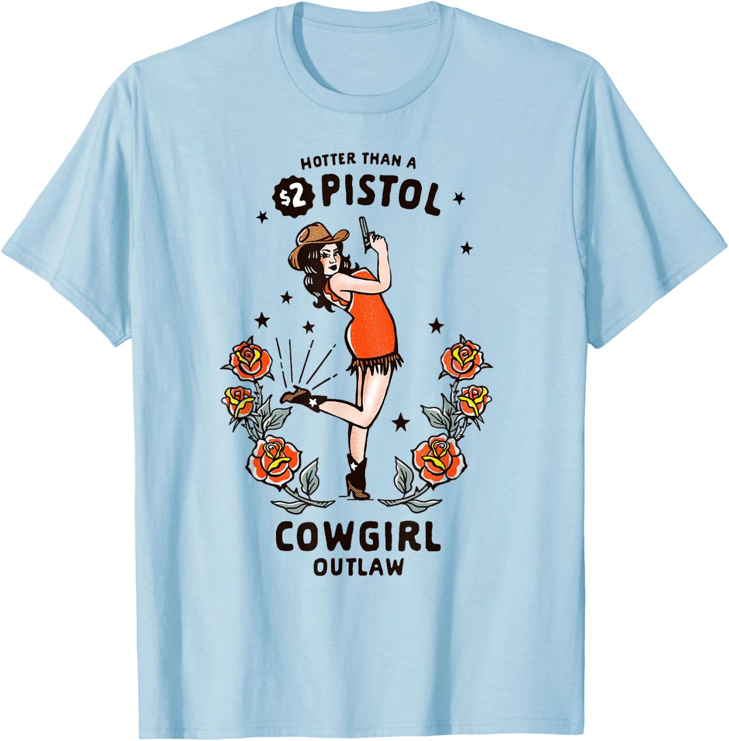 Women's Western Boho Retro Outlaw Cowgirl Pinup T-Shirt - T-Shirt | Light Blue