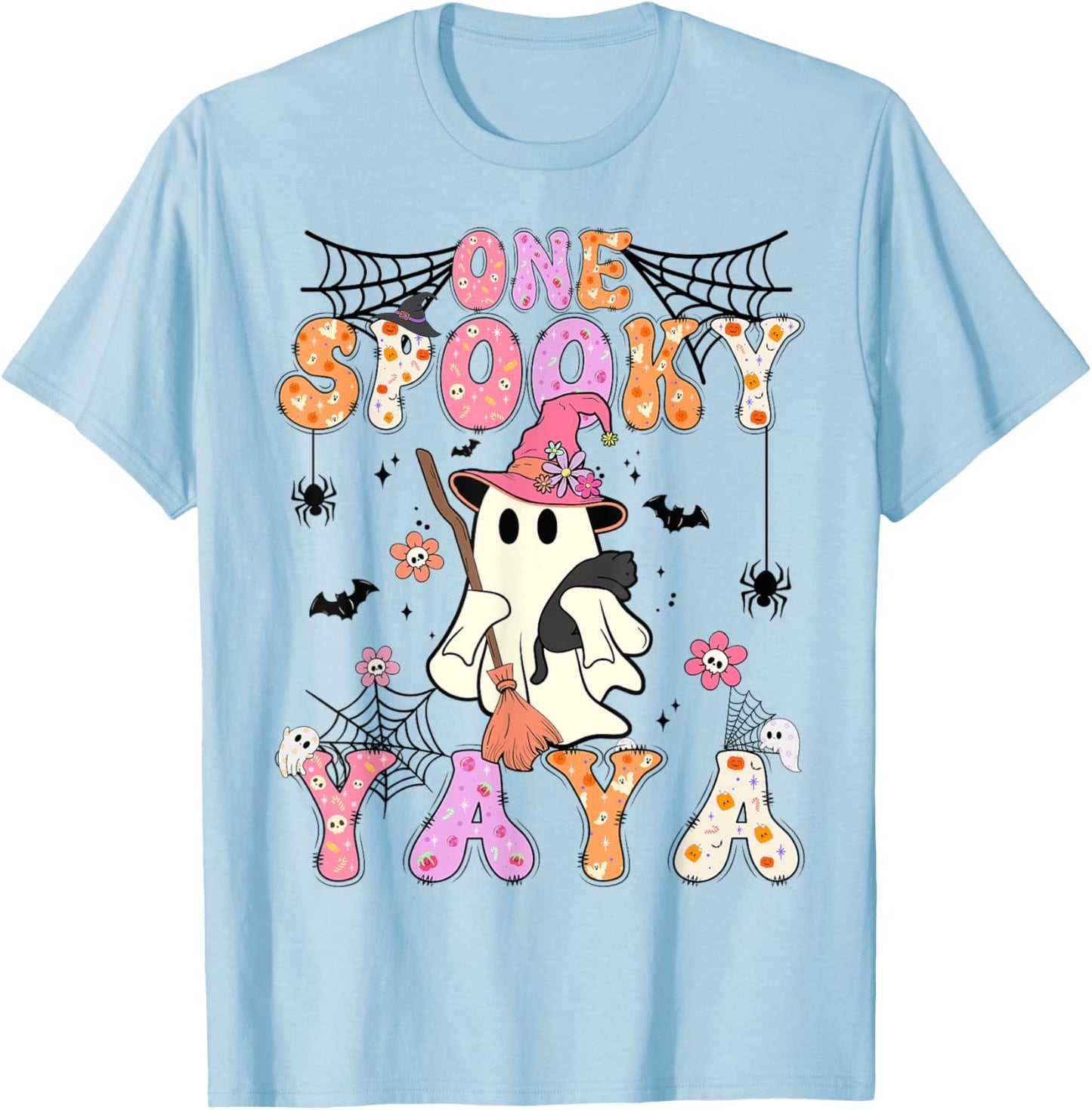 Groovy One Spooky Yaya Retro Halloween Cute Ghost T-Shirt - T-Shirt | Light Blue