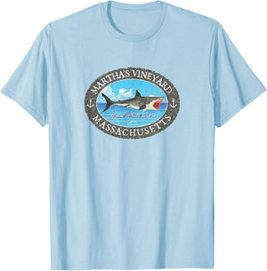 JCombs: Martha's Vineyard, MA, Great White Shark and Sea T-Shirt - T-Shirt | Light Blue