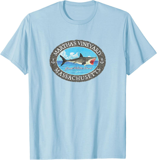 JCombs: Martha's Vineyard, MA, Great White Shark and Sea T-Shirt - T-Shirt | Light Blue