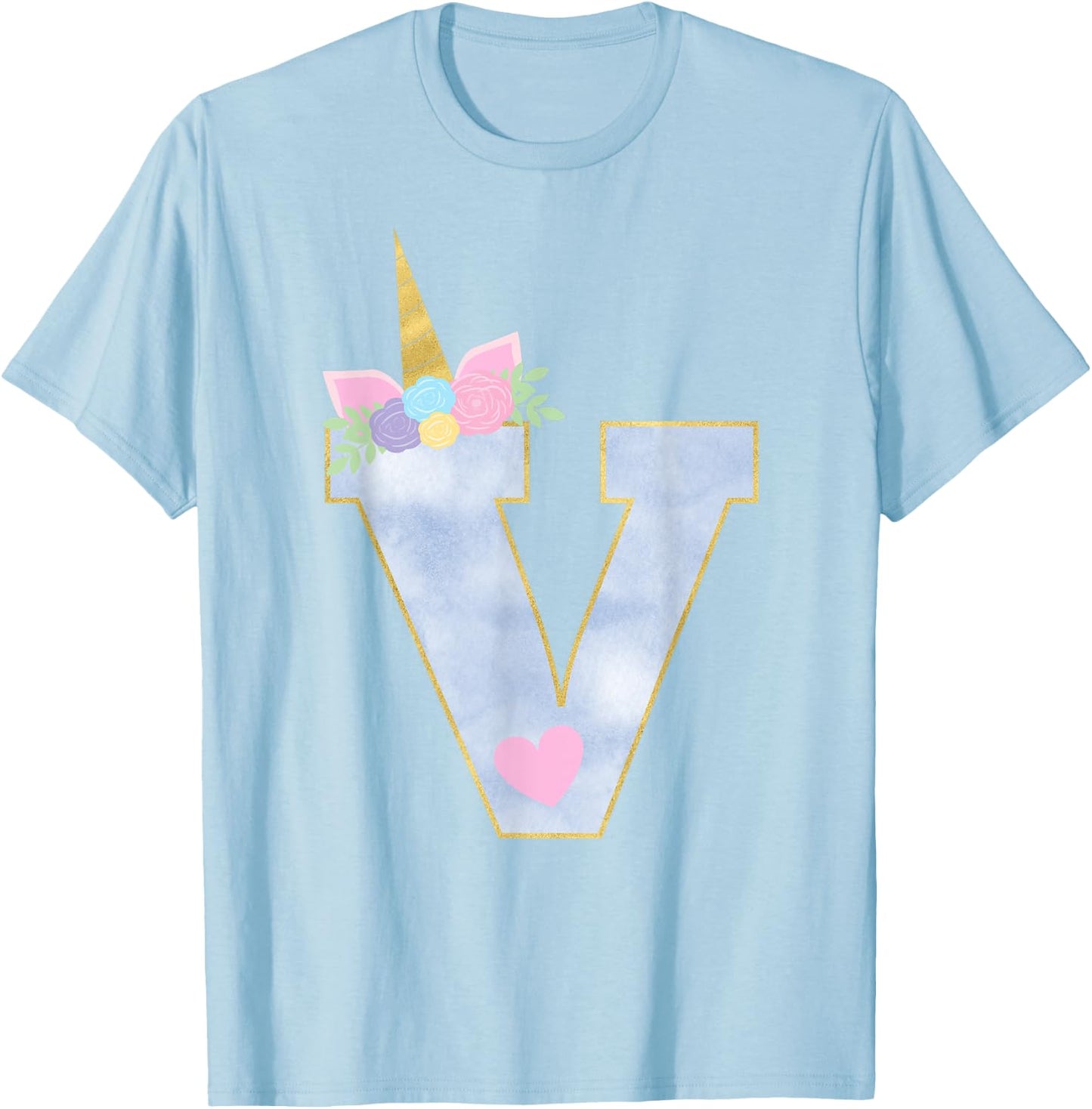 Initial Letter V Unicorn Monogram for Girls Unicorn Birthday T-Shirt - T-Shirt | Light Blue