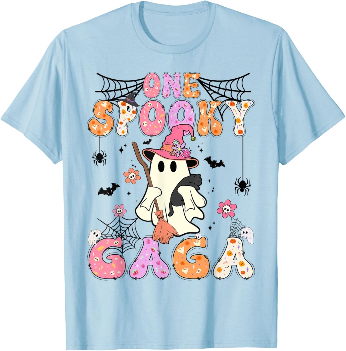 Groovy One Spooky Gaga Retro Halloween Cute Ghost T-Shirt - T-Shirt | Light Blue