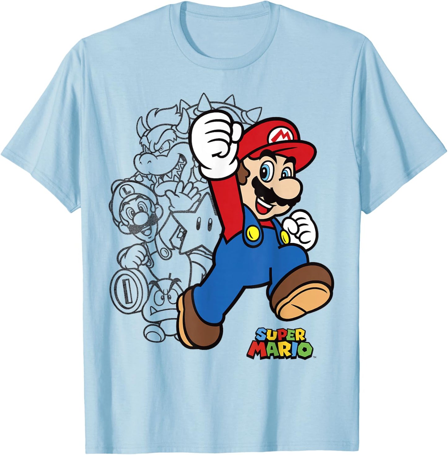 Super Mario Group Shot Bowser Outline T-Shirt - T-Shirt | Light Blue