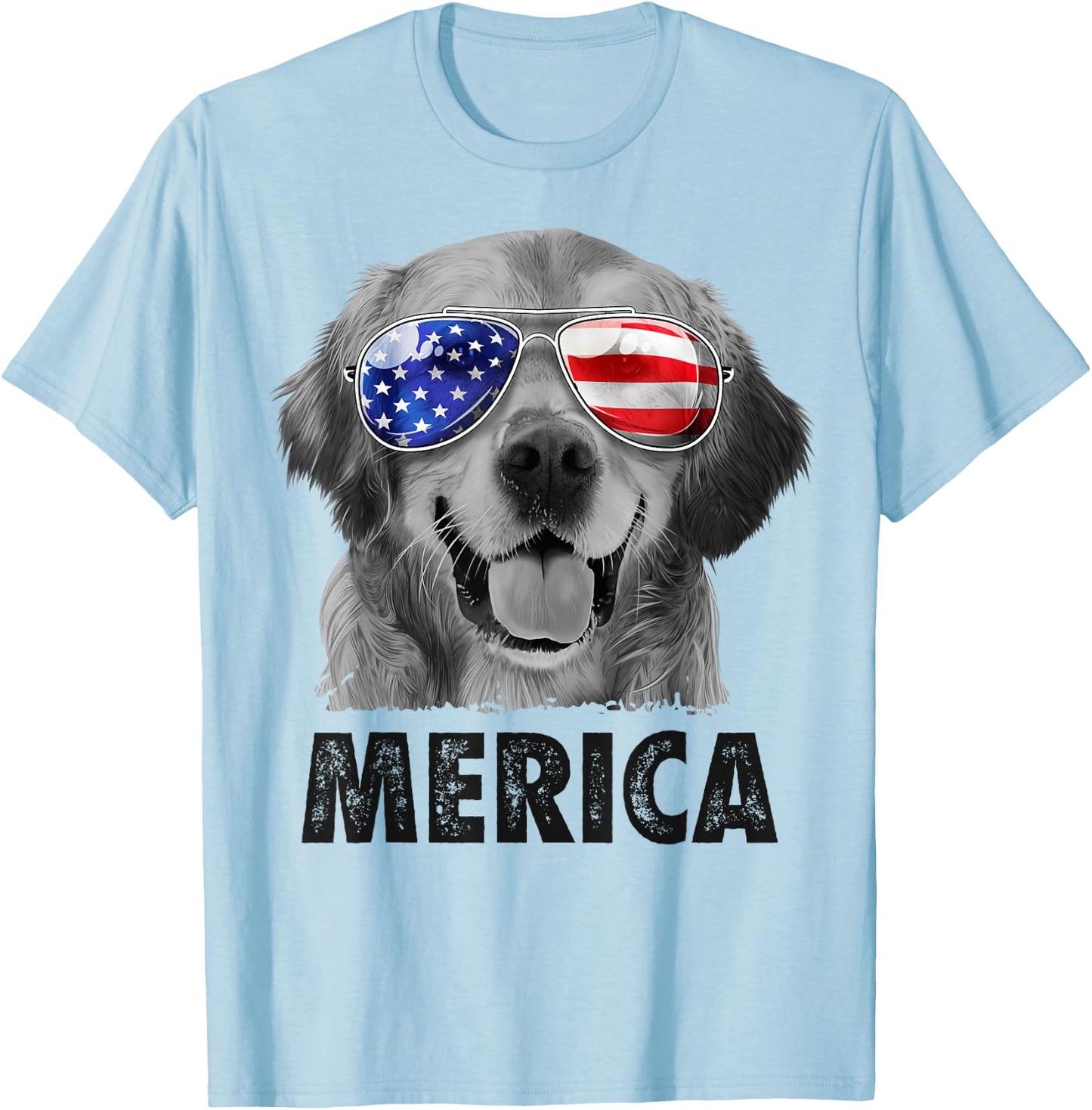 Golden Retriever 4th of July Merica American Flag Sunglasses T-Shirt - T-Shirt | Light Blue