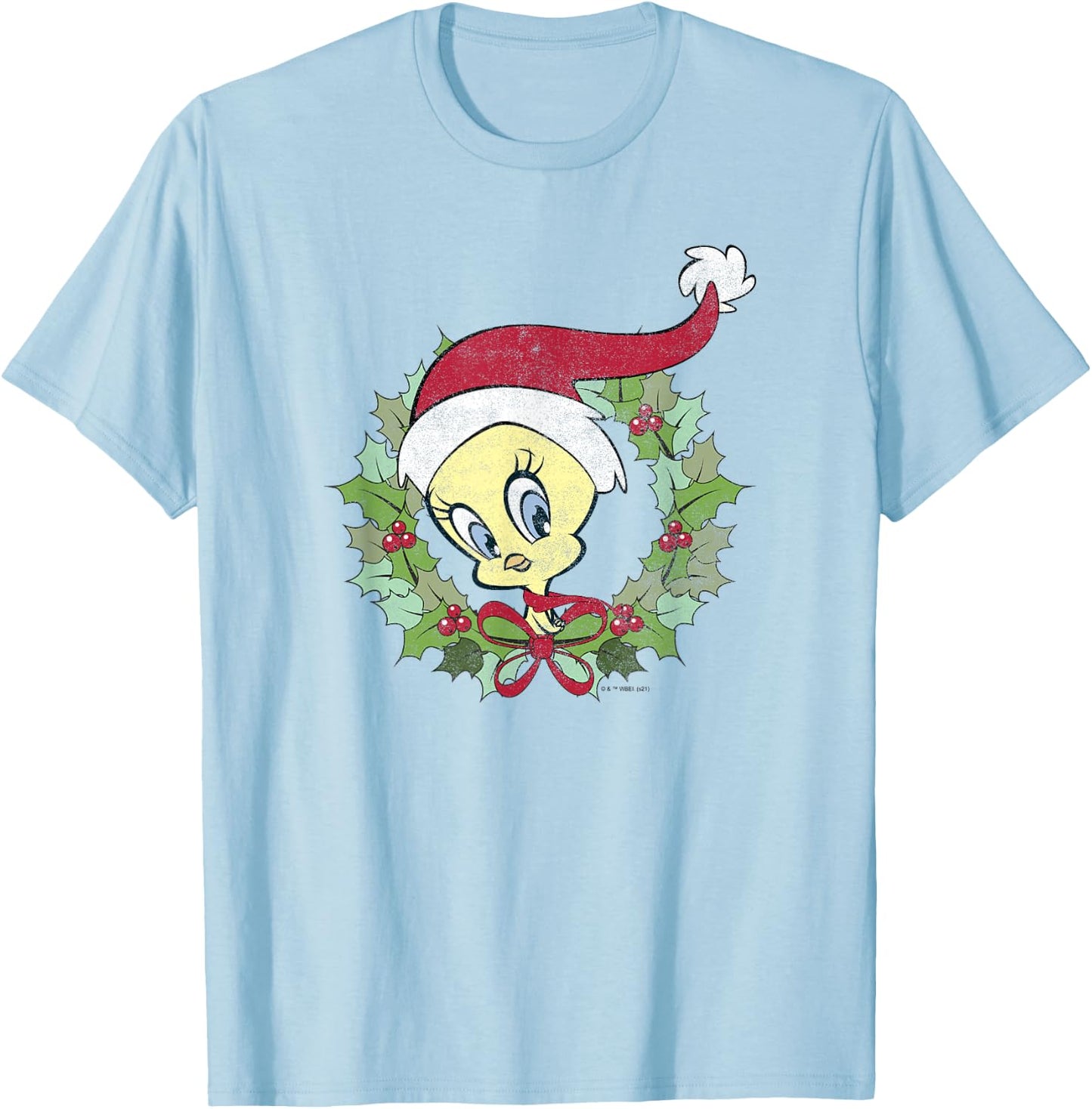 Looney Tunes Tweety Bird Christmas Wreath Santa Hat T-Shirt - T-Shirt | Light Blue