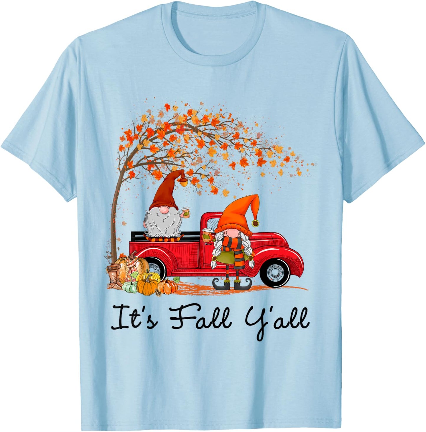 It's Fall Y'all Cute Gnomes Pumpkin Autumn Tree Fall Leaves T-Shirt - T-Shirt | Light Blue