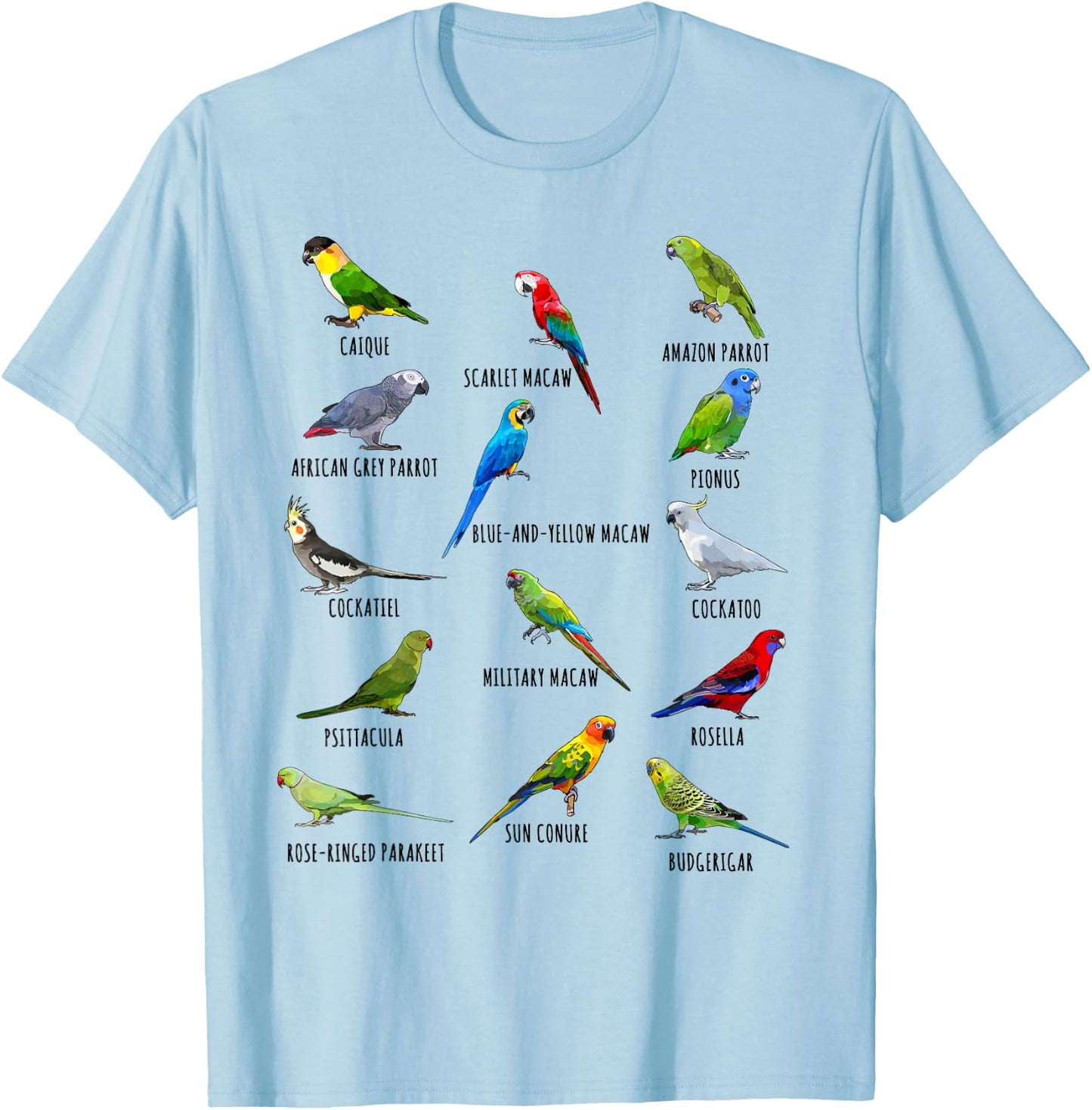 Different Parrot Species Biology Types Bird Identification T-Shirt - T-Shirt | Light Blue