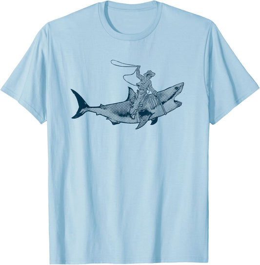 Shark Lover Rodeo Cowboy Riding Great White Vintage Funny T-Shirt - T-Shirt | Light Blue