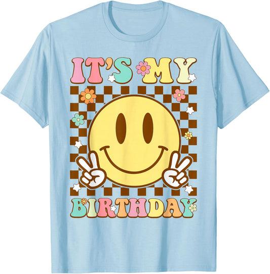 It's My Birthday Men Women Boys Girls Kid Retro Groovy Bday T-Shirt - T-Shirt | Light Blue