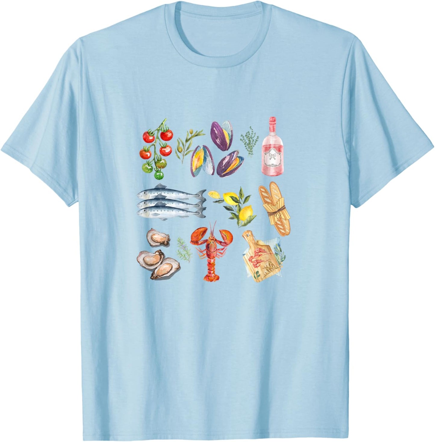 Italian Summer Scrapbook with seafood coastal Mediterranean T-Shirt - T-Shirt | Light Blue