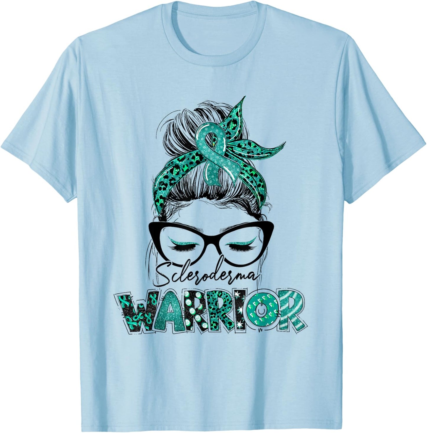 Teal Ribbon Messy Bun Hair Scleroderma Warrior T-Shirt - T-Shirt | Light Blue