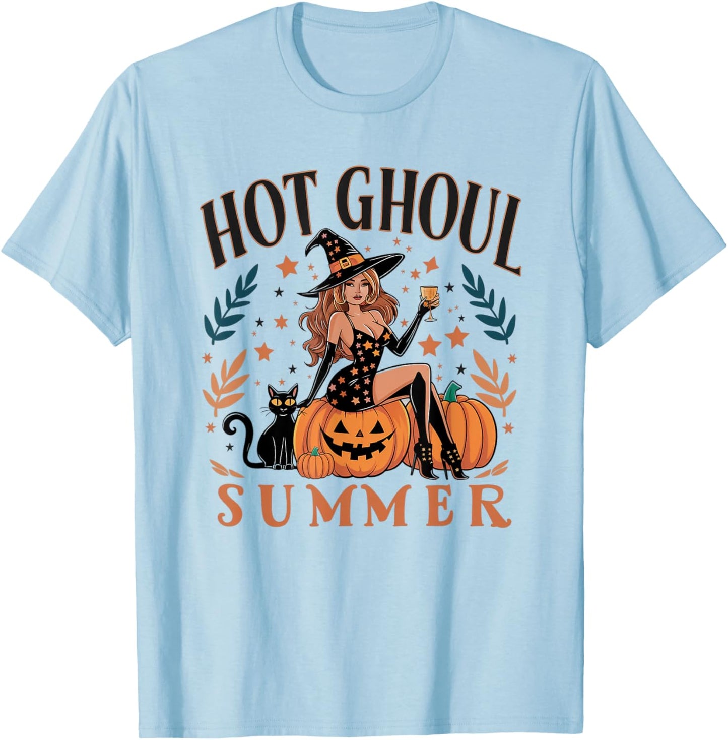 Hot Ghoul Summer Funny Witch Gothic Spooky Retro Halloween T-Shirt - T-Shirt | Light Blue