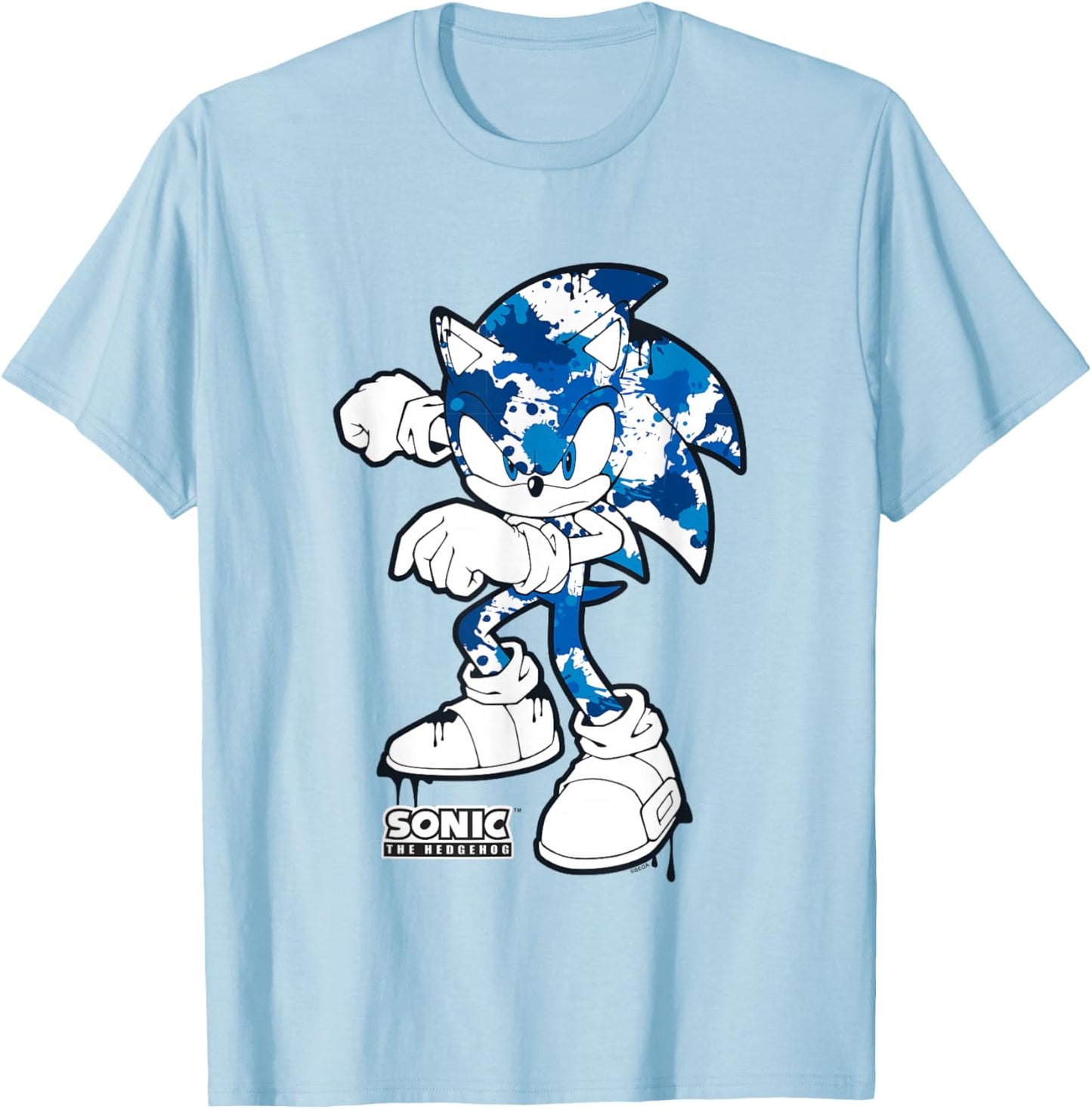 Sonic The Hedgehog Dripping Paint Urban Style Portrait T-Shirt - T-Shirt | Light Blue