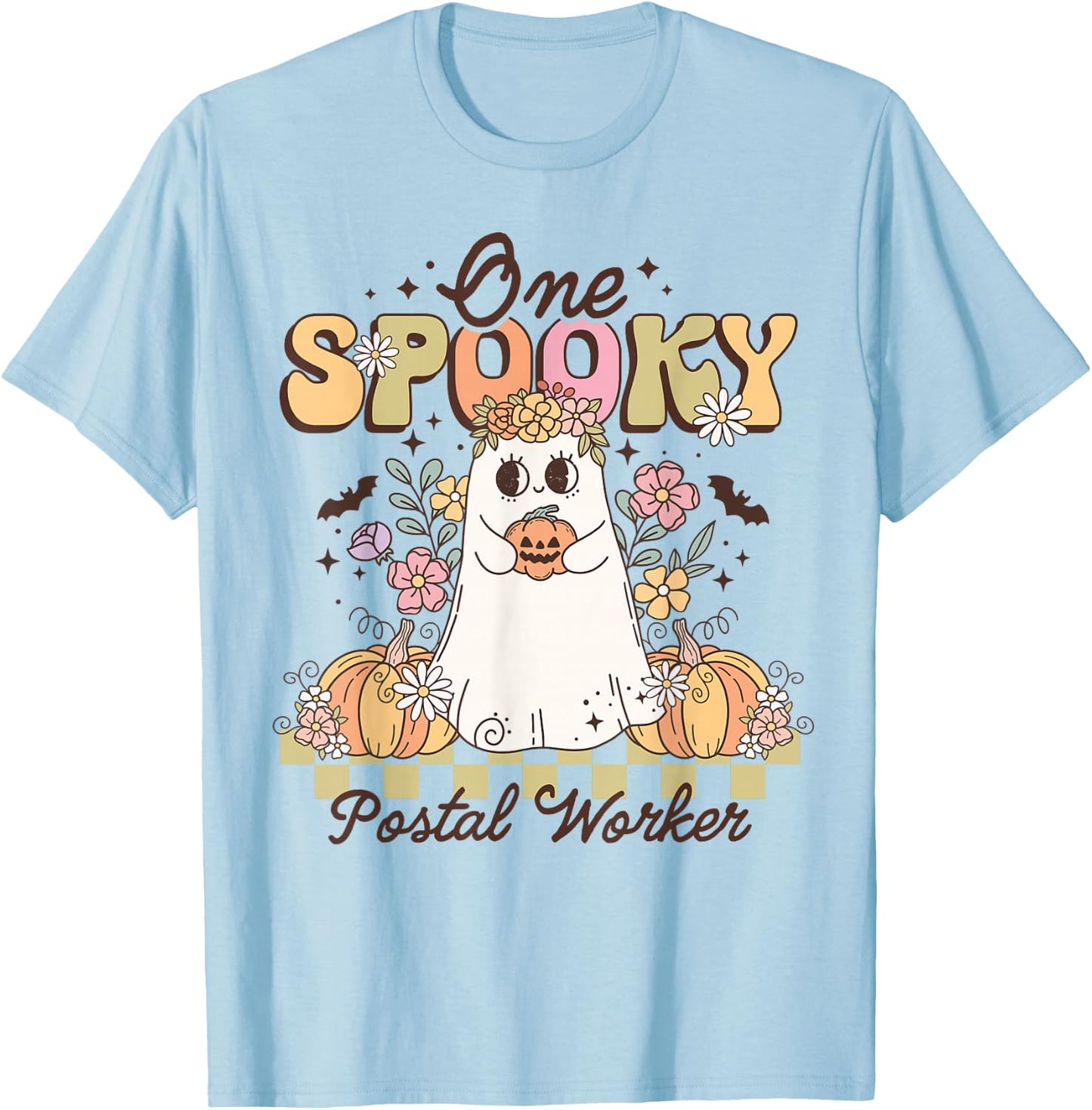 Groovy One Spooky Postal Worker Halloween Ghost Pumpkin T-Shirt - T-Shirt | Light Blue