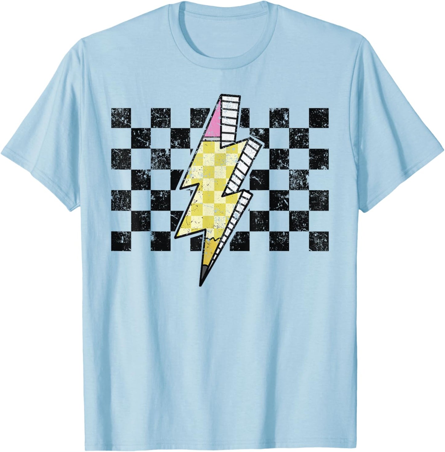 Retro Black And White Checkered Pattern Pencil T-Shirt - T-Shirt | Light Blue