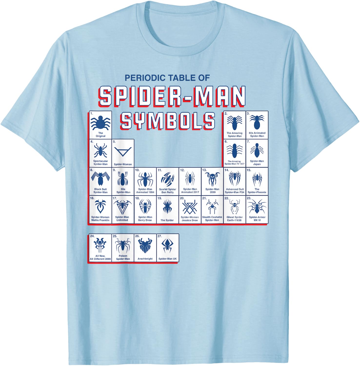 Marvel Spider-Man Periodic Table Of Spider-Man Symbols T-Shirt - T-Shirt | Light Blue