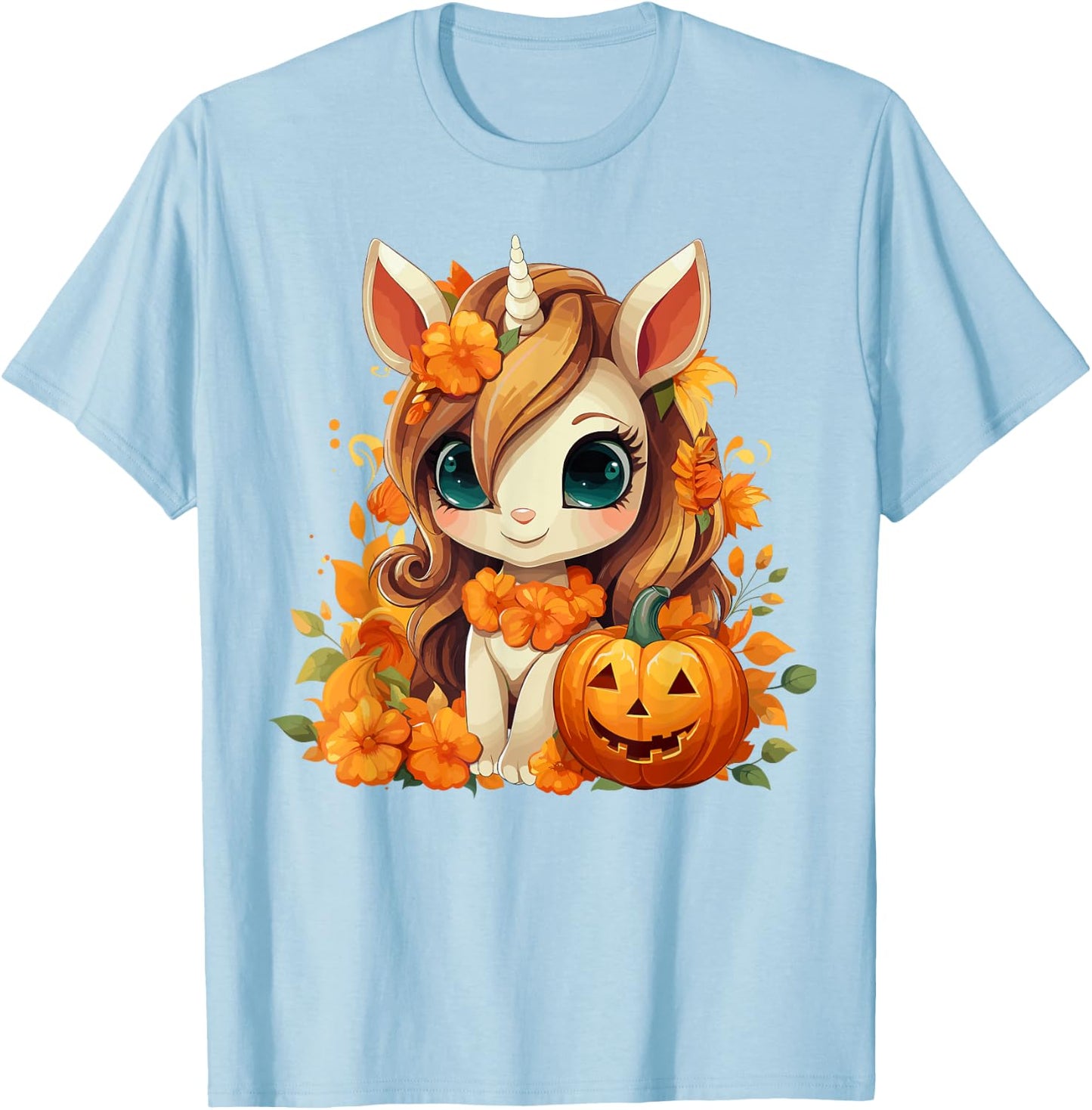 Cute Unicorn Pumpkin Girls Kids Halloween Thanksgiving T-Shirt - T-Shirt | Light Blue
