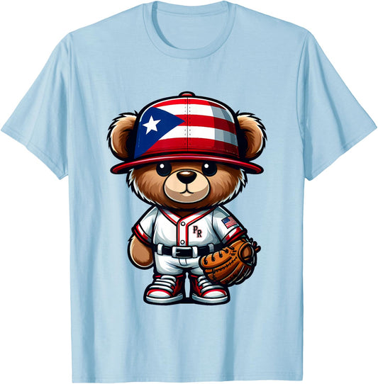 Puerto Rico Baseball Shirt Cute Teddy Bear Boricua Jersey PR T-Shirt - T-Shirt | Light Blue