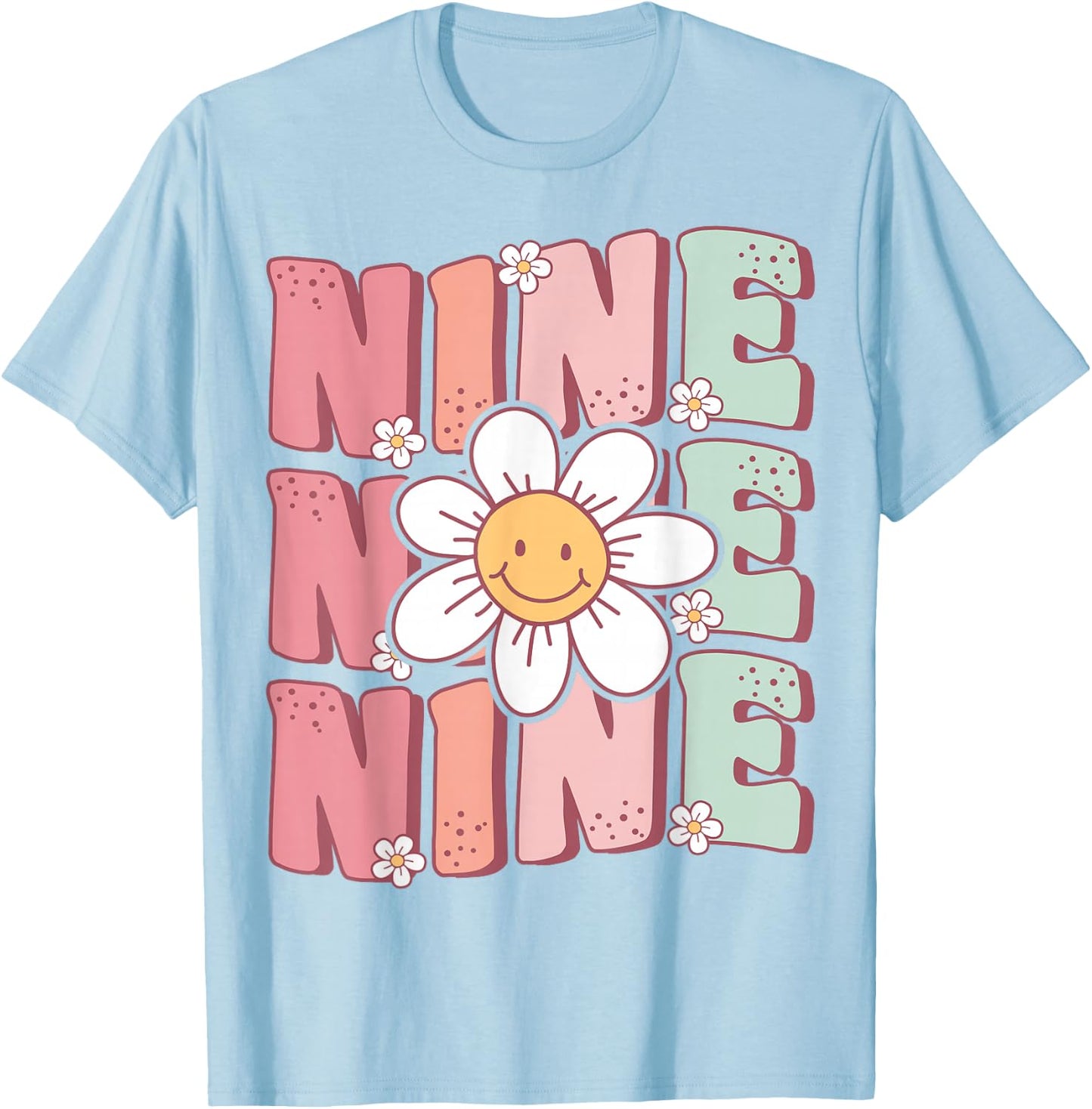 Cute Groovy 9th Birthday Party Daisy Flower Nine Year Old T-Shirt - T-Shirt | Light Blue