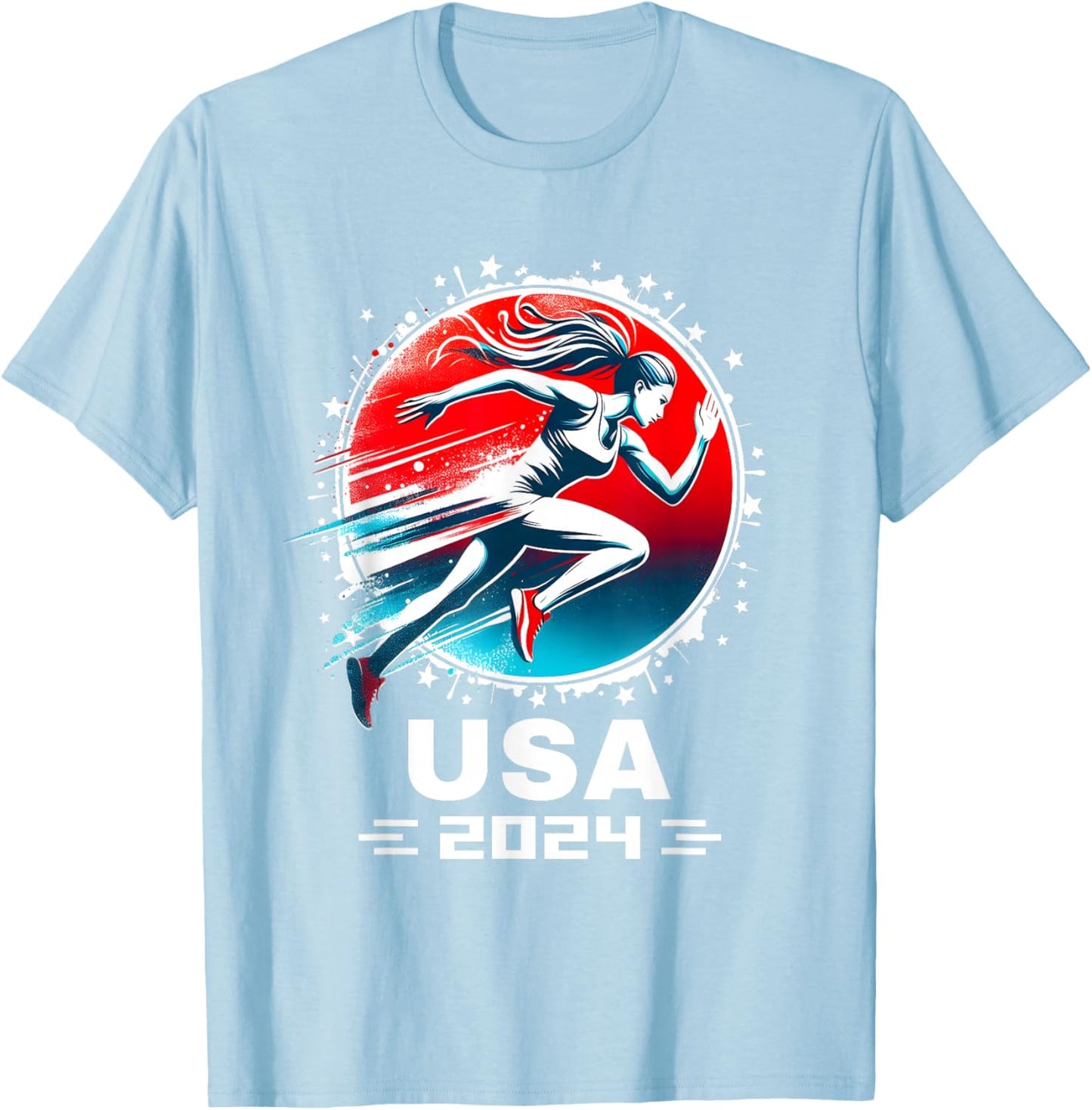 USA Team 2024 Running American Flag Women Track and Field T-Shirt - T-Shirt | Light Blue