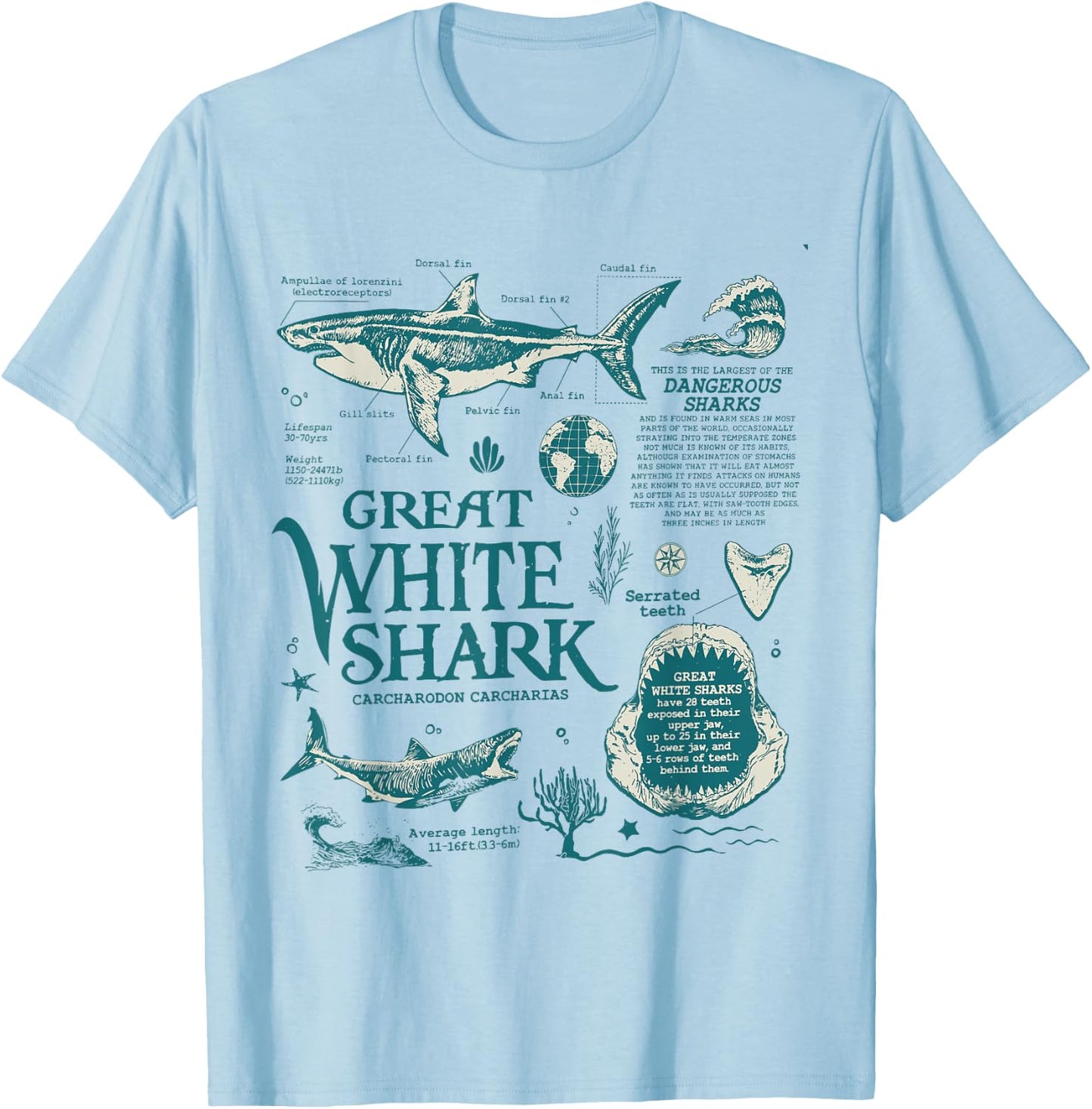 Great White Shark Anatomy , Marine Biologist T-Shirt - T-Shirt | Light Blue