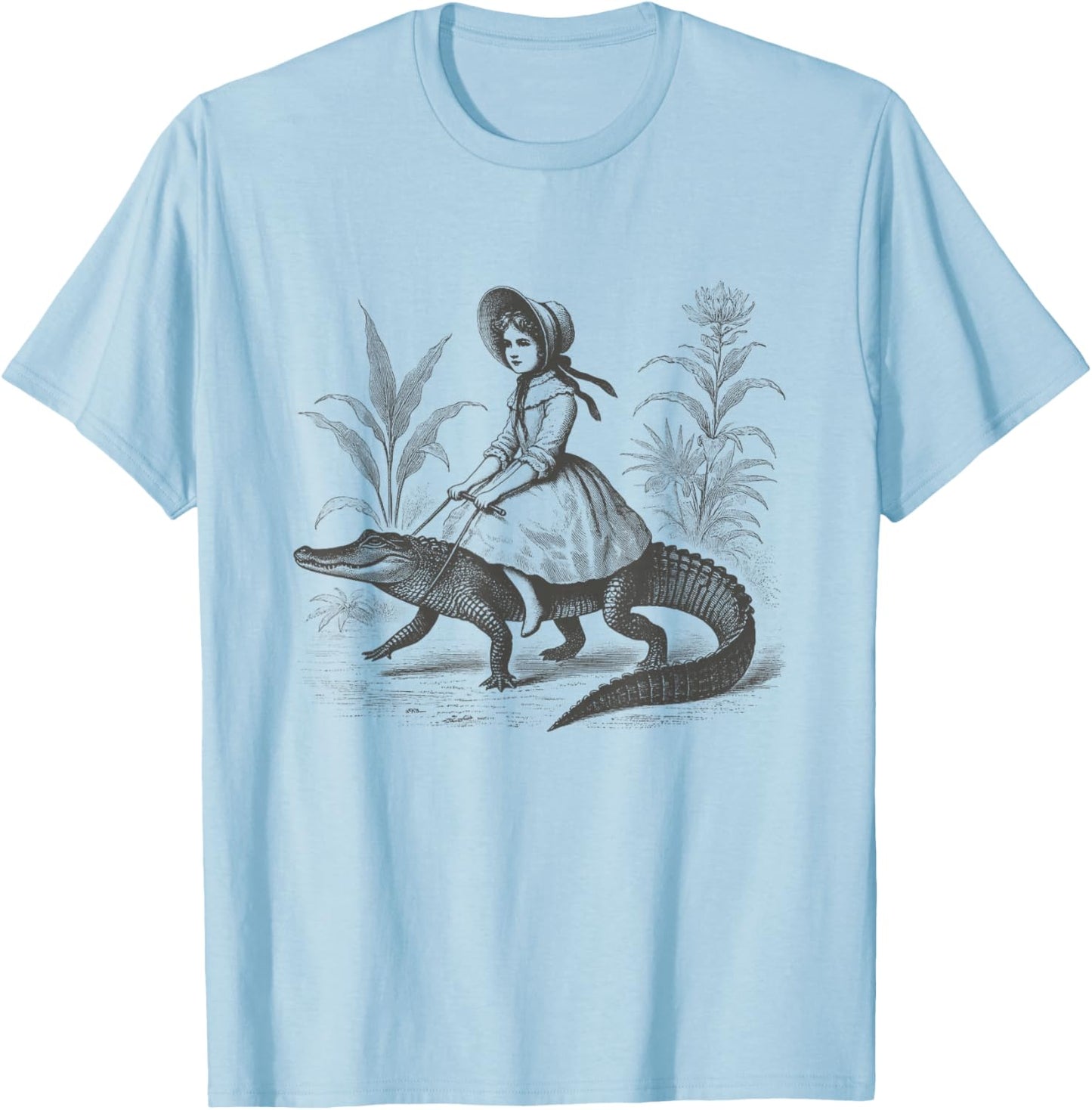 Girl Riding Alligator Vintage Weird Art Ladies Men T-Shirt - T-Shirt | Light Blue