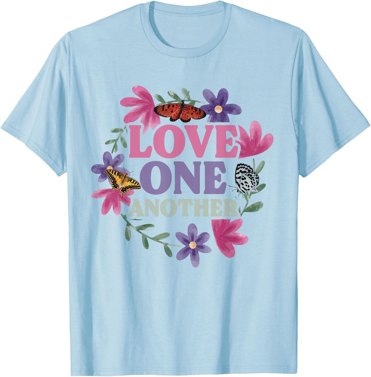 Love One Another - Butterfly Flower Religious Christian T-Shirt - T-Shirt | Light Blue