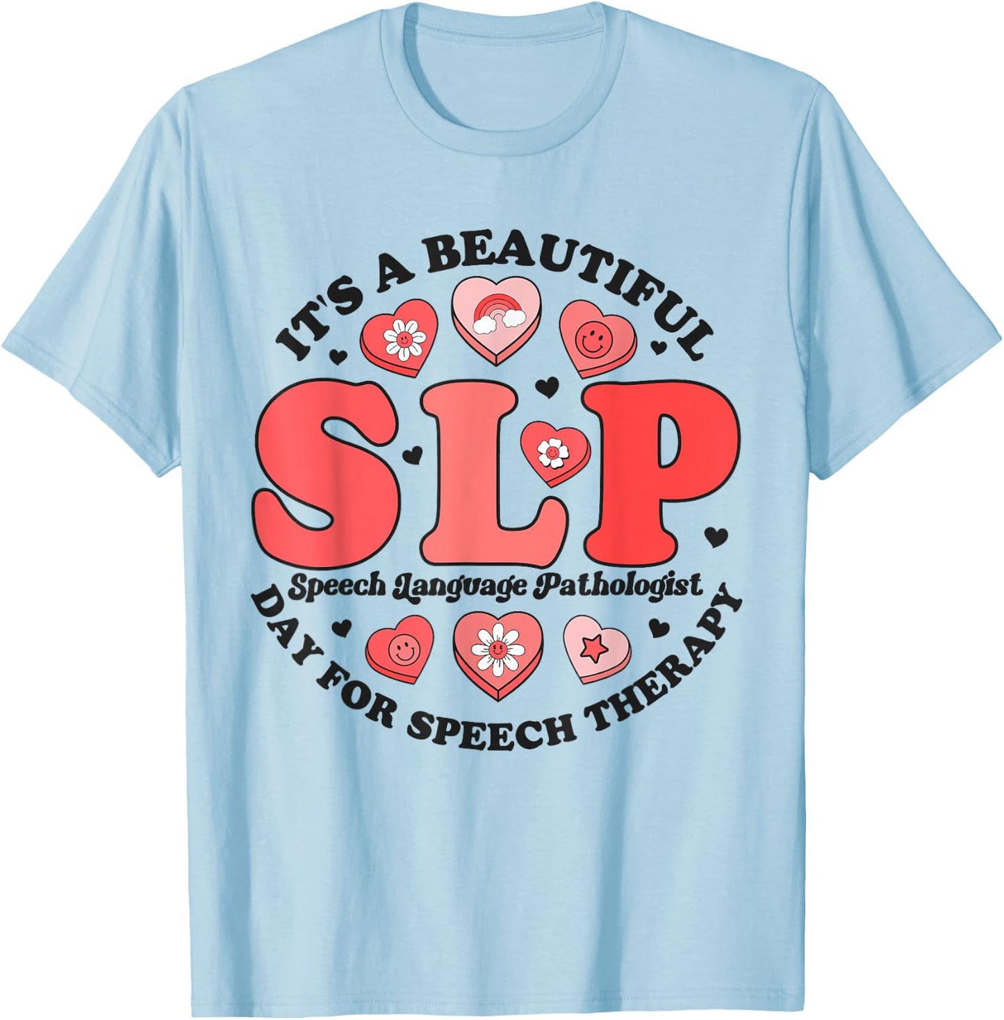 SLP Speech Therapy Pathologist Crew Groovy Valentines Hearts T-Shirt - T-Shirt | Light Blue