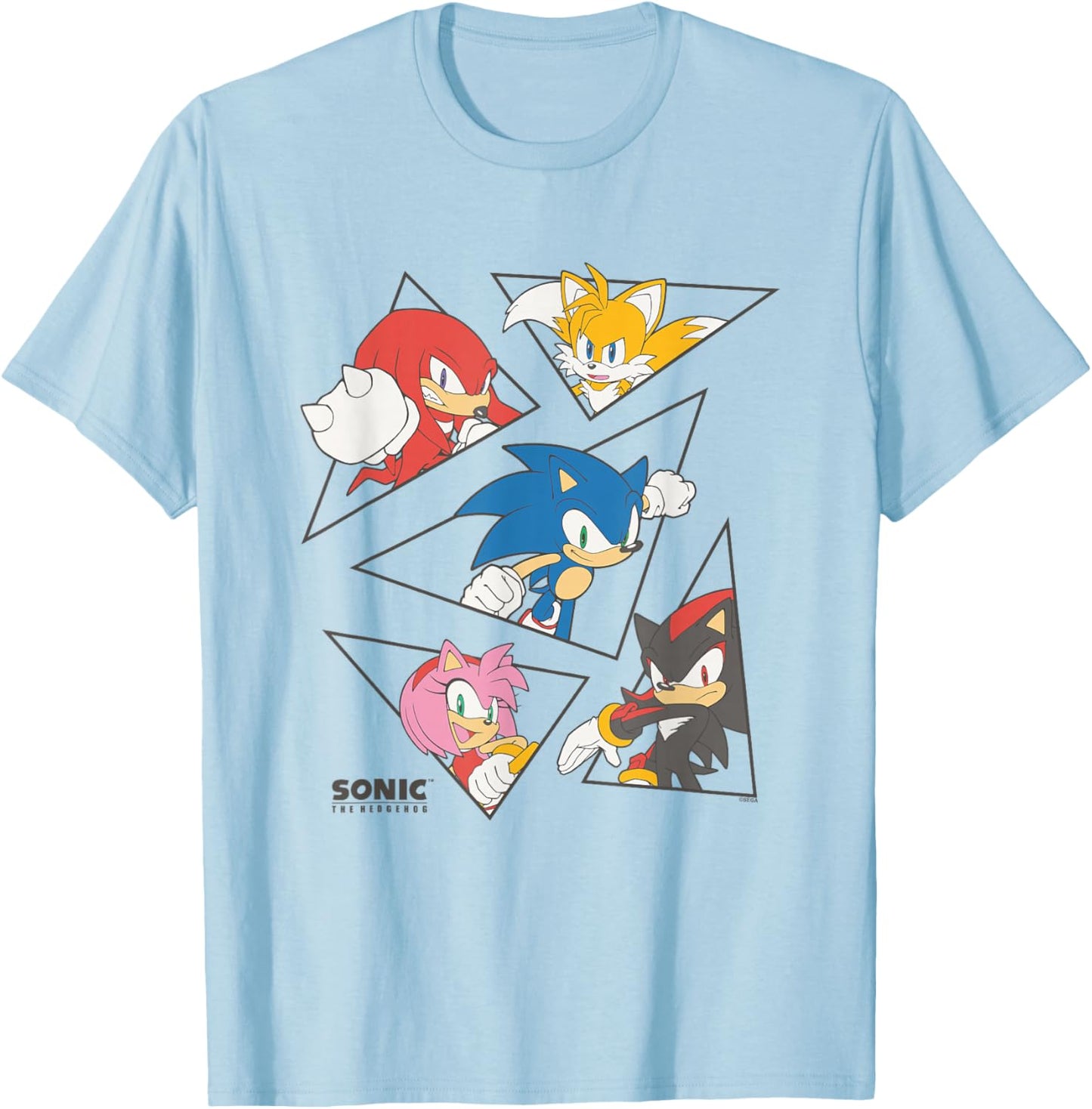 Sonic The Hedgehog Main Characters Triangle Portraits Retro T-Shirt - T-Shirt | Light Blue