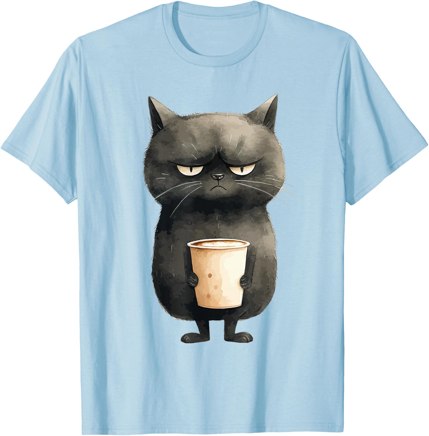 Grumpy Black Cat with Latte Coffee T-Shirt - T-Shirt | Light Blue