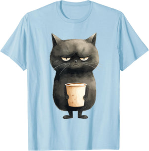 Grumpy Black Cat with Latte Coffee T-Shirt - T-Shirt | Light Blue