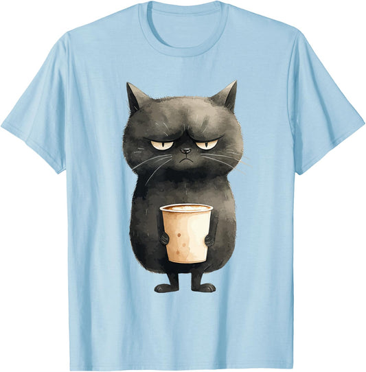 Grumpy Black Cat with Latte Coffee T-Shirt - T-Shirt | Light Blue