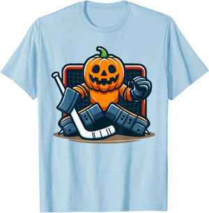 Halloween Pumpkin Ice Hockey Goalie T-Shirt - T-Shirt | Light Blue