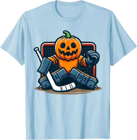 Halloween Pumpkin Ice Hockey Goalie T-Shirt - T-Shirt | Light Blue