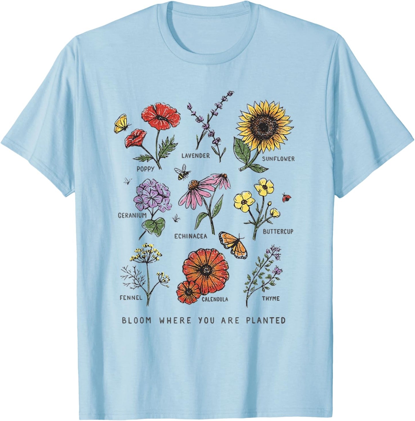 Garden Life Gift Bloom Where You Are Planted Botanican Flowers Adult Blue Small Modern Classic Floral Short Sleeve T-Shirt - T-Shirt | Light Blue