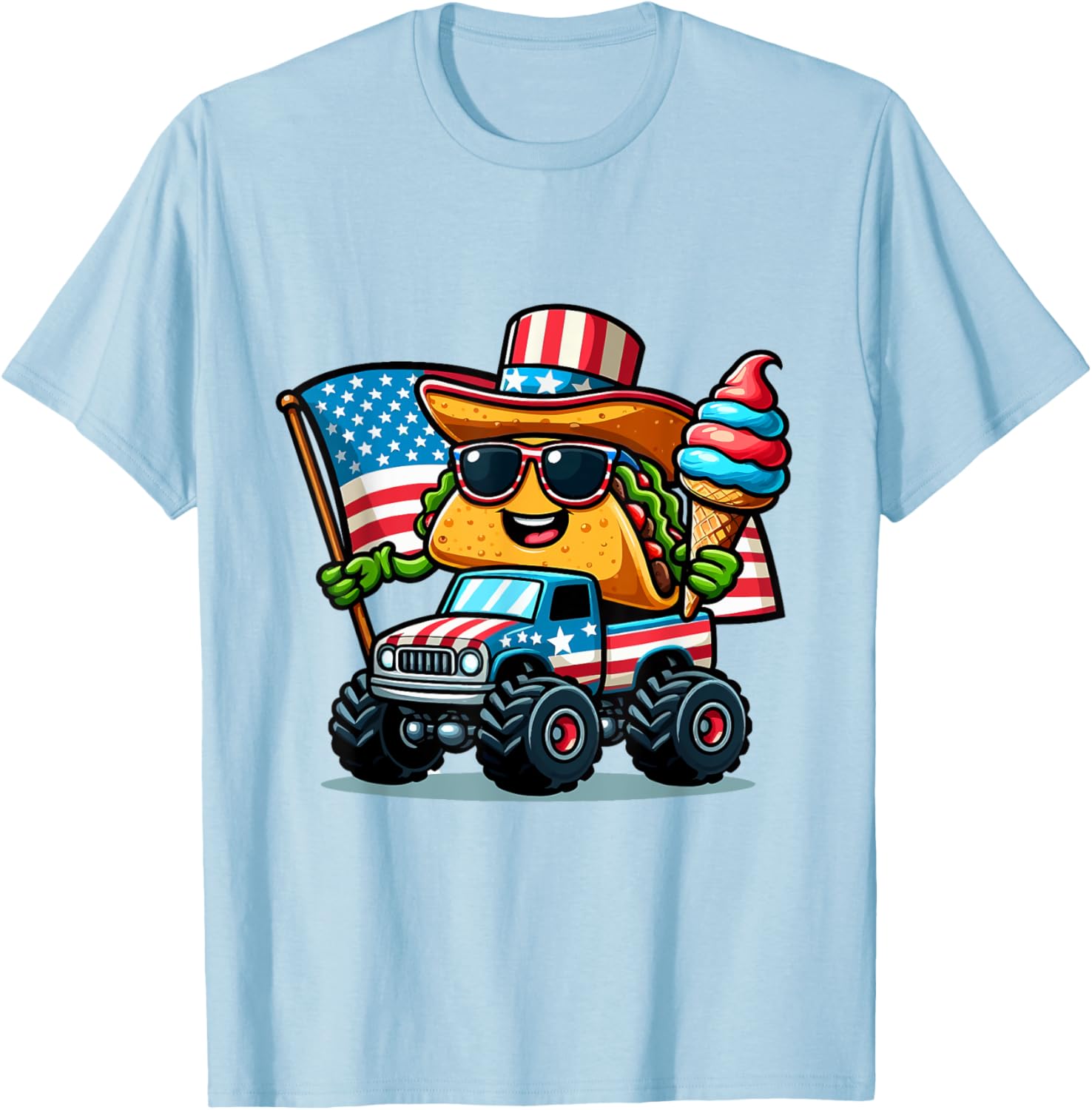 Funny Taco Riding Monster Truck holding ice cream 4 of July T-Shirt - T-Shirt | Light Blue