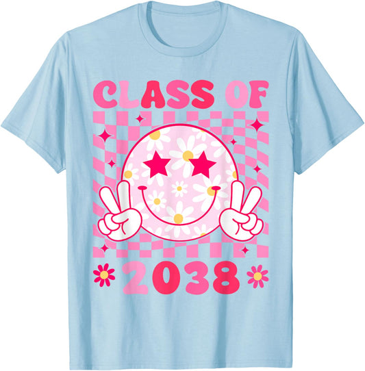 Groovy Class of 2038 Grow With Me Smile Face Back To School T-Shirt - T-Shirt | Light Blue