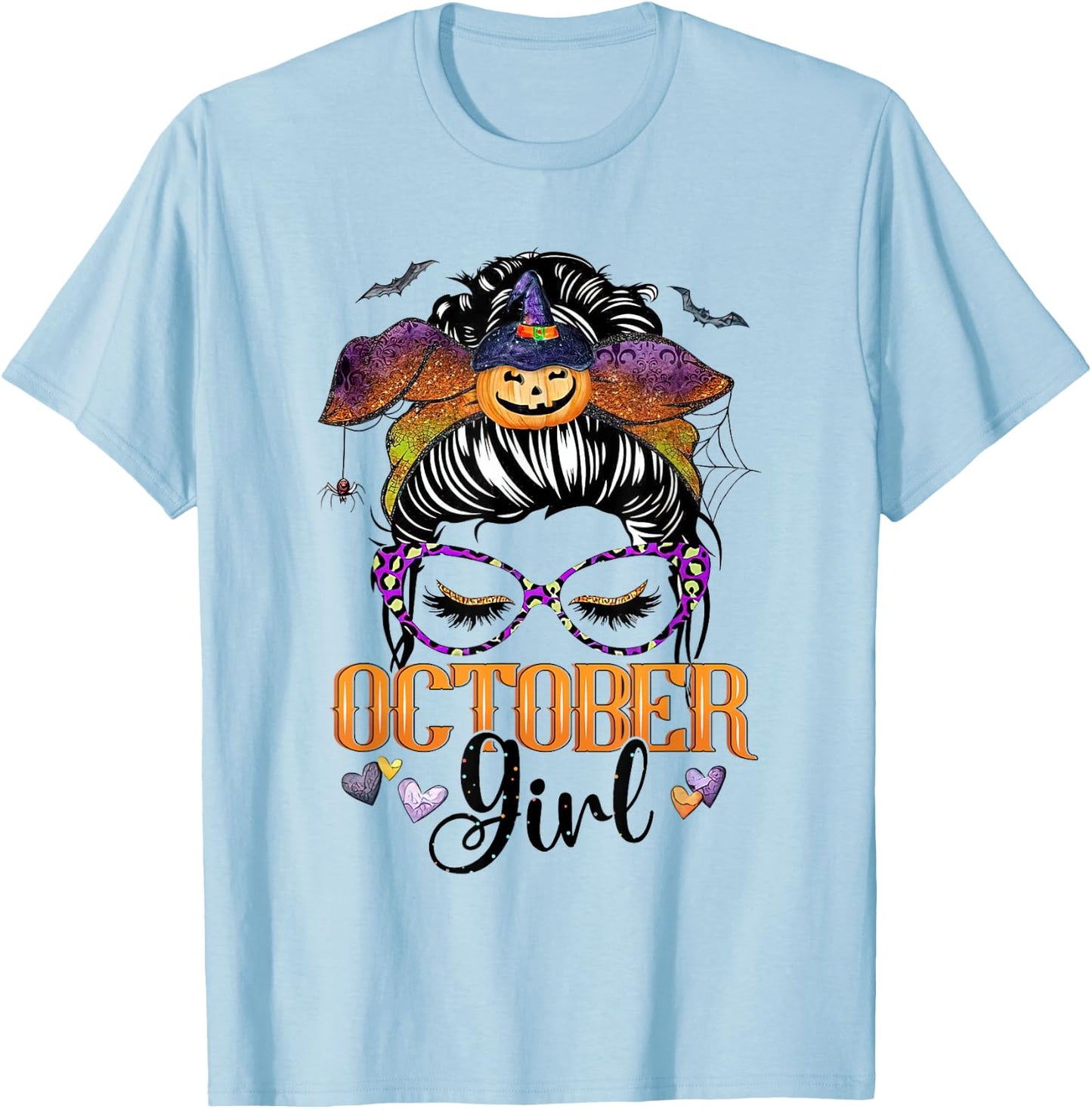 October Girl Halloween Messy Bun Lady Hair Glasses Bandana T-Shirt - T-Shirt | Light Blue