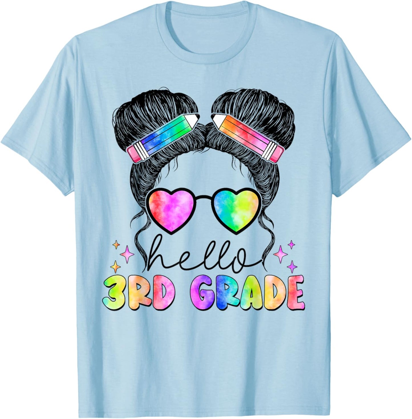 Messy Hair Bun Girl Back To School First Day Hello 3rd Grade T-Shirt - T-Shirt | Light Blue